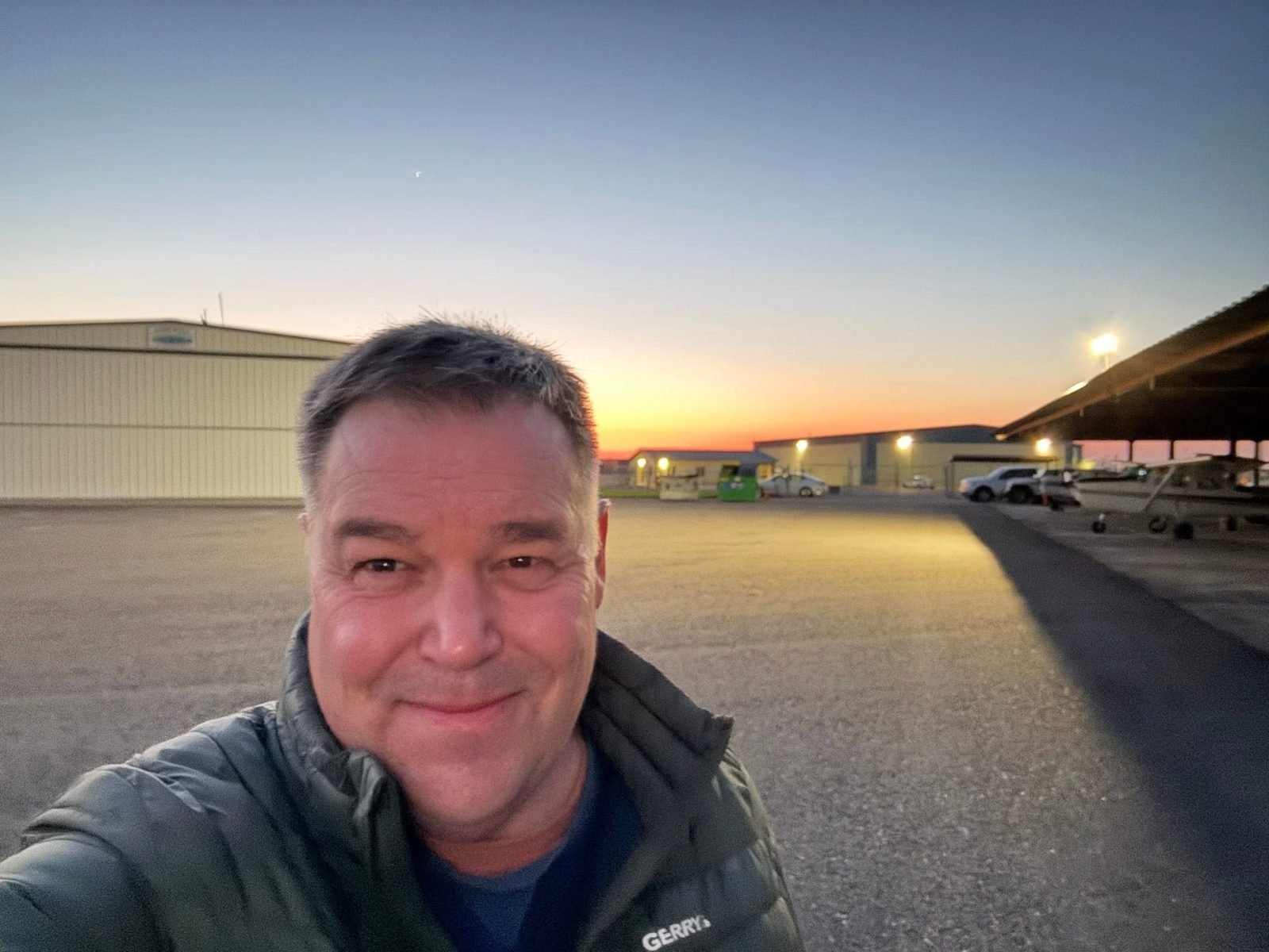David Meisner on the airport ramp at sunset